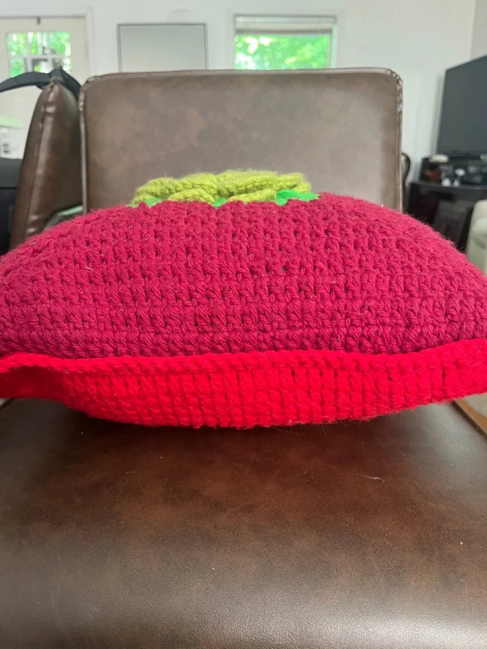 vintage Handmade crochet Red &green Floral Throw Pillow cottagecore grandma